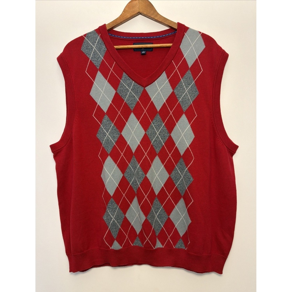 Saddlebred Men's V Neck Argyle‎ Sweater Vest Red Gray XL 100% Cotton Preppy Golf - Picture 8 of 10